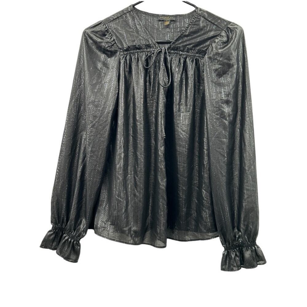 Anthropologie Current Air Black & Silver Metallic Long Sleeve‎ Tie Neck Blouse S